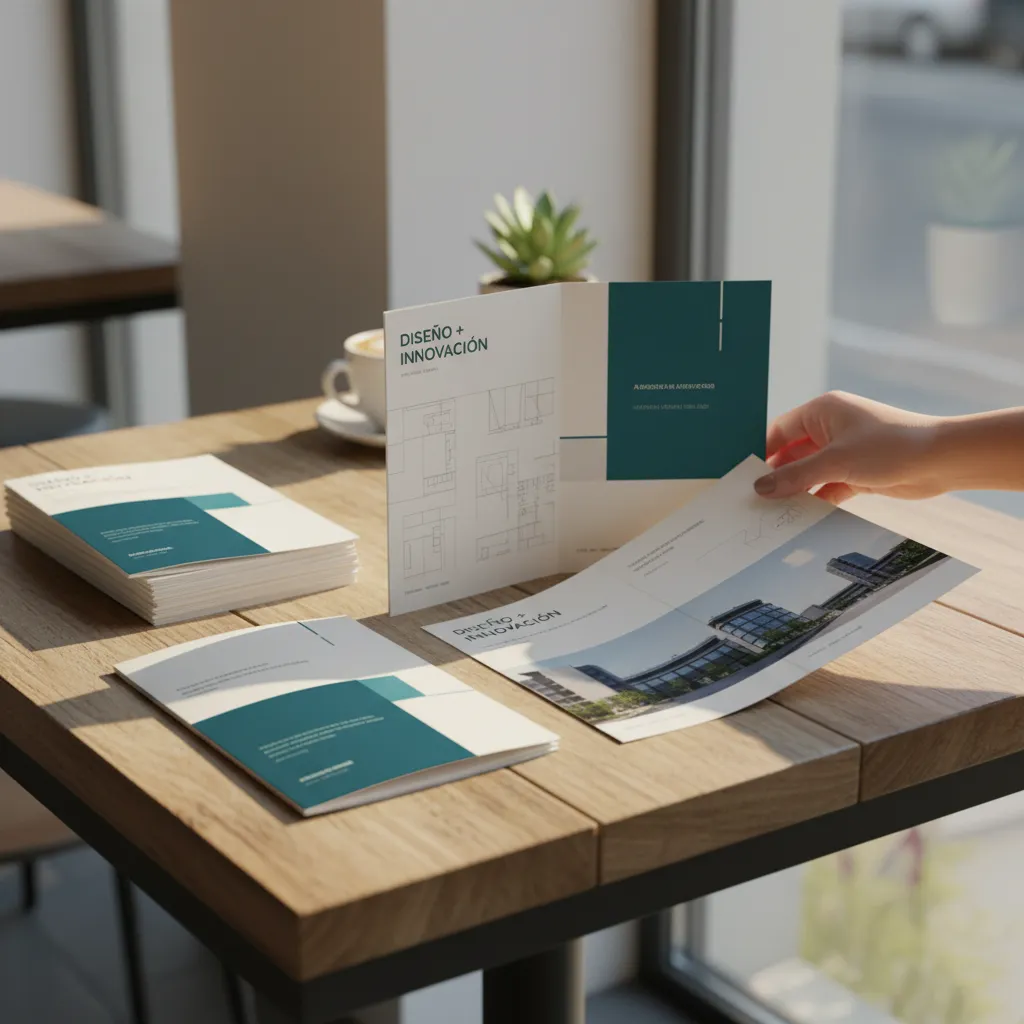 Fotografía de una Impresión de folletos y dípticos de Artes Gráficas Carnevali encima de una mesa de madera al atardecer.